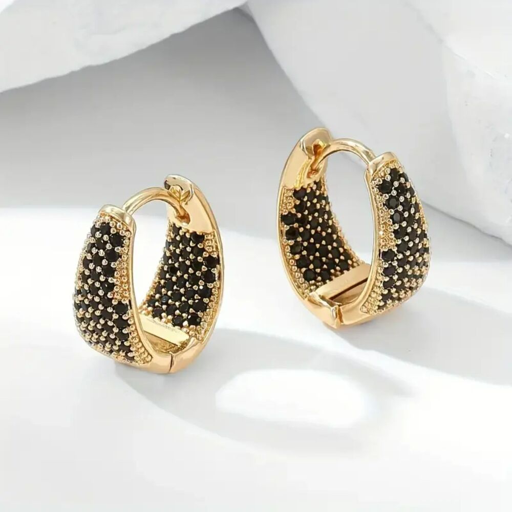"Callie" 18k Gold Huggie Hoop Earrings - Black Onyx Zirconia Gemstones
